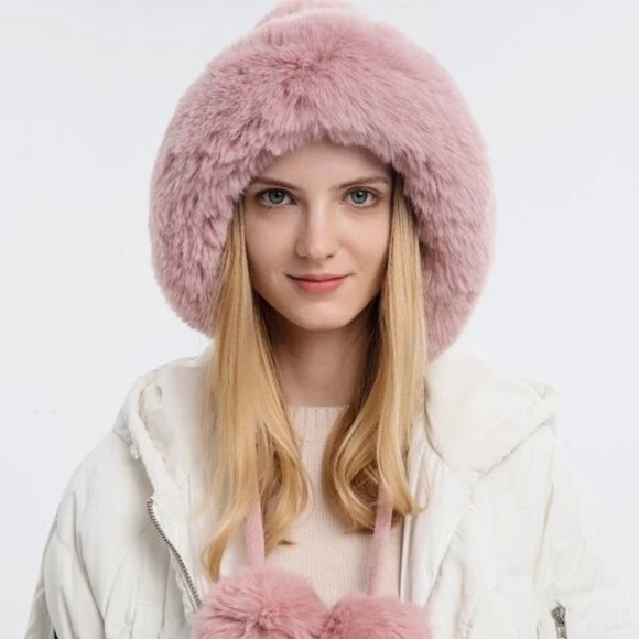 Faux fur trimmed & pom pom knit Hat winter Pink, black, cream, tan or gray - Picture 11 of 15
